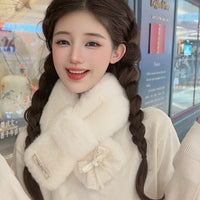 Japanese Sweet Lace Bow Plush Short Cross Scarf for Women, Thickened Warm Neck Warmer
