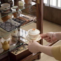 Glass Display Cabinet with Walnut Wood Frame for Collectibles, Tea Sets, and Tabletop Storage