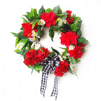 Artificial Red Geranium Wreath for Front Door Wall Decor, Spring Summer Floral Garland