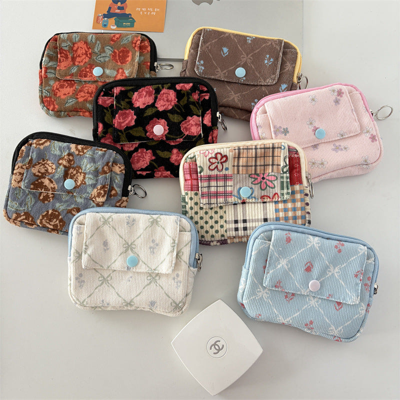 2025 New Corduroy Vintage Floral Coin Purse Portable Flip Earphone Bag Mini Lipstick Storage Card Holder