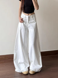 Women's White Straight Leg Low Waist Loose Fit Wide Leg Jeans