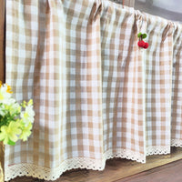 Khaki Plaid Half Curtain for Cabinets & Windows, Japanese Style Cafe Tier Curtain, Semi-Blackout with Cherry Decor