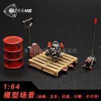 1:64 Scale Diorama Repair Shop Accessories with Figures and Engine Parts