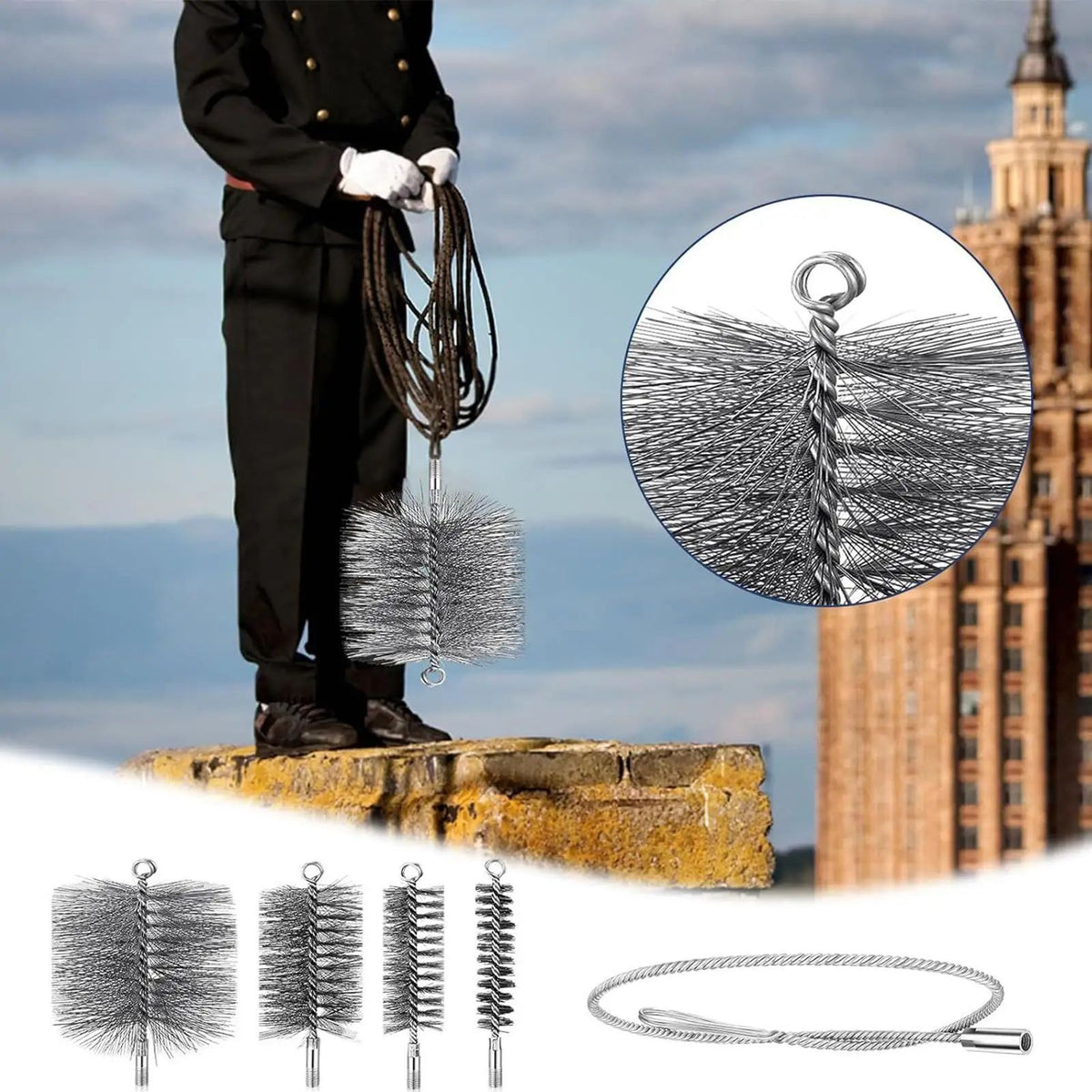 Stainless Steel Wire Chimney Pipe Cleaning Brush with Rod for Rust Removal Polishing