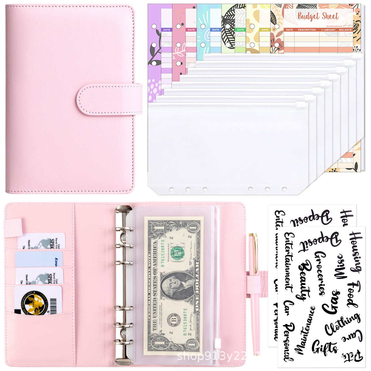 Macaron A6 Budget Binder with Zipper Envelopes and Detachable Cover, Cute Loose-Leaf Notebook for Cash Saving