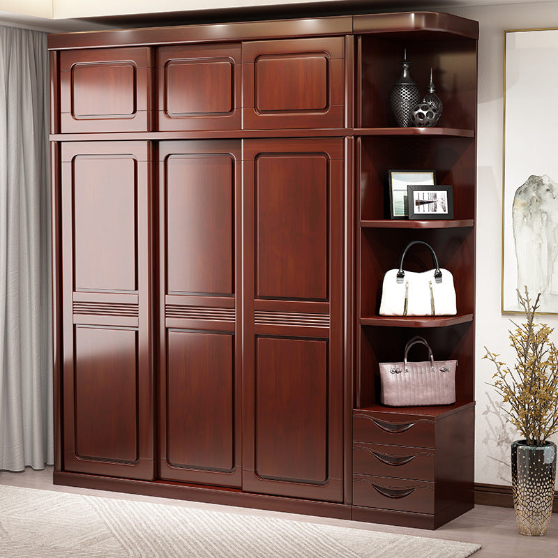 Solid Wood Wardrobe Sliding Door with Mirror Modern Minimalist Bedroom Home 2/3-Door Sliding Cabinet Chinese Style Large Armoire