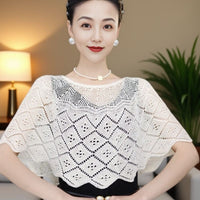 Sequined Knit Poncho Shawl with Brooch for Women, Sun Protection Air Conditioning Cover Up, Thin Summer Style