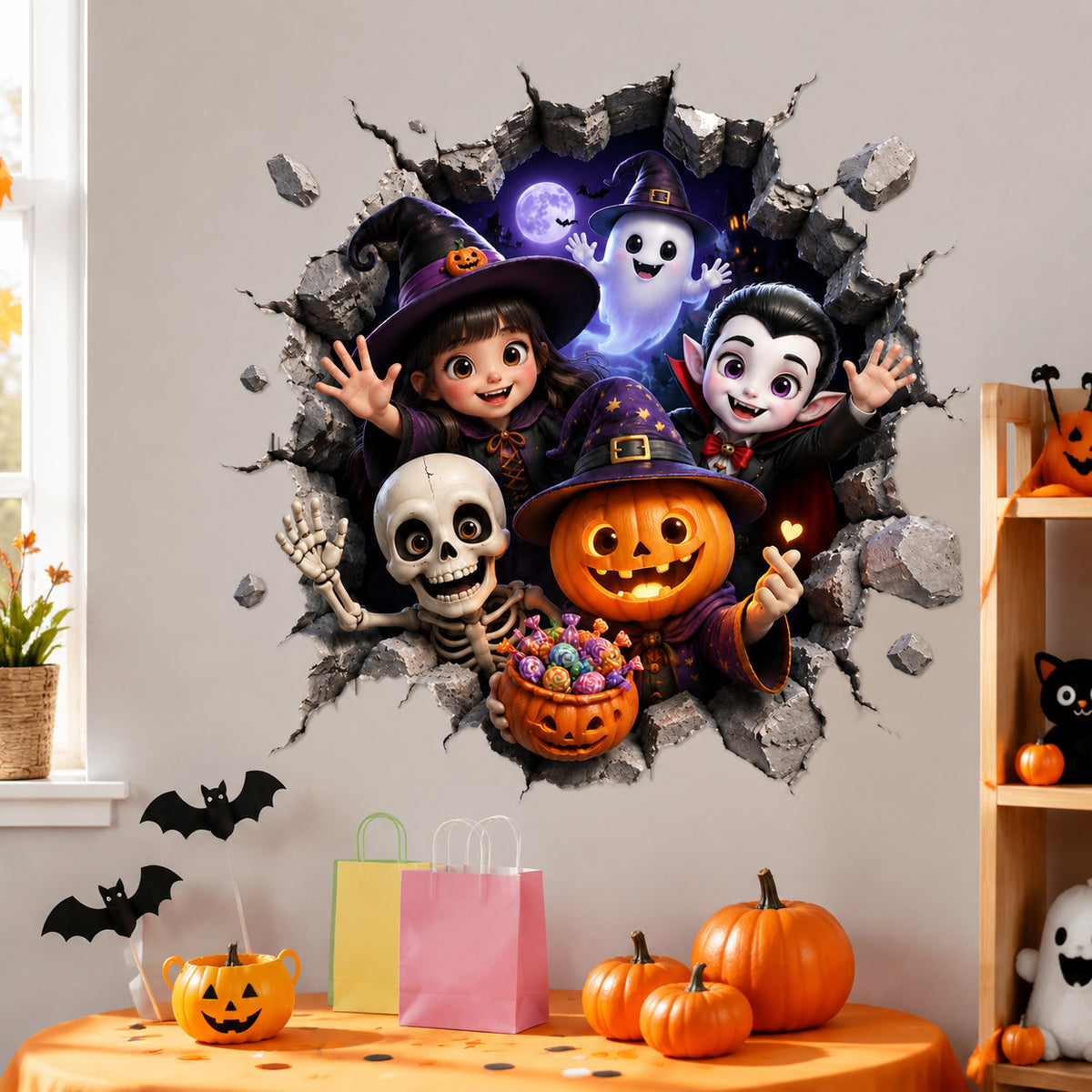 Halloween 3D Broken Wall Decal Cartoon Witch Bat Self-Adhesive Sticker for Bedroom Decoration