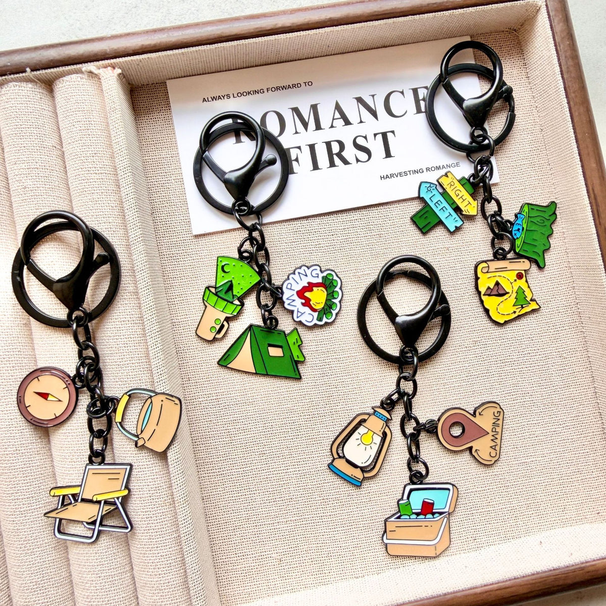Outdoor Camping Keychain Set with Compass, Tent, and Kerosene Lamp Charms