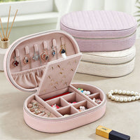 Portable Oval Jewelry Box with Zipper, PU Leather, Multi-layer Storage for Necklaces, Rings, Earrings