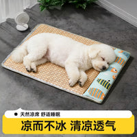 Pet Cooling Mat for Dogs and Cats, Summer Breathable Rattan Weave Bed with Pillow