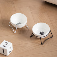 Minimalist White Ceramic Pet Bowl with Iron Stand for Cats and Dogs, Anti-Tip Elevated Food and Water Dish