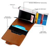 Men's RFID Blocking Dual Aluminum Box Wallet with Automatic Pop-up Card Holder and Buckle Closure