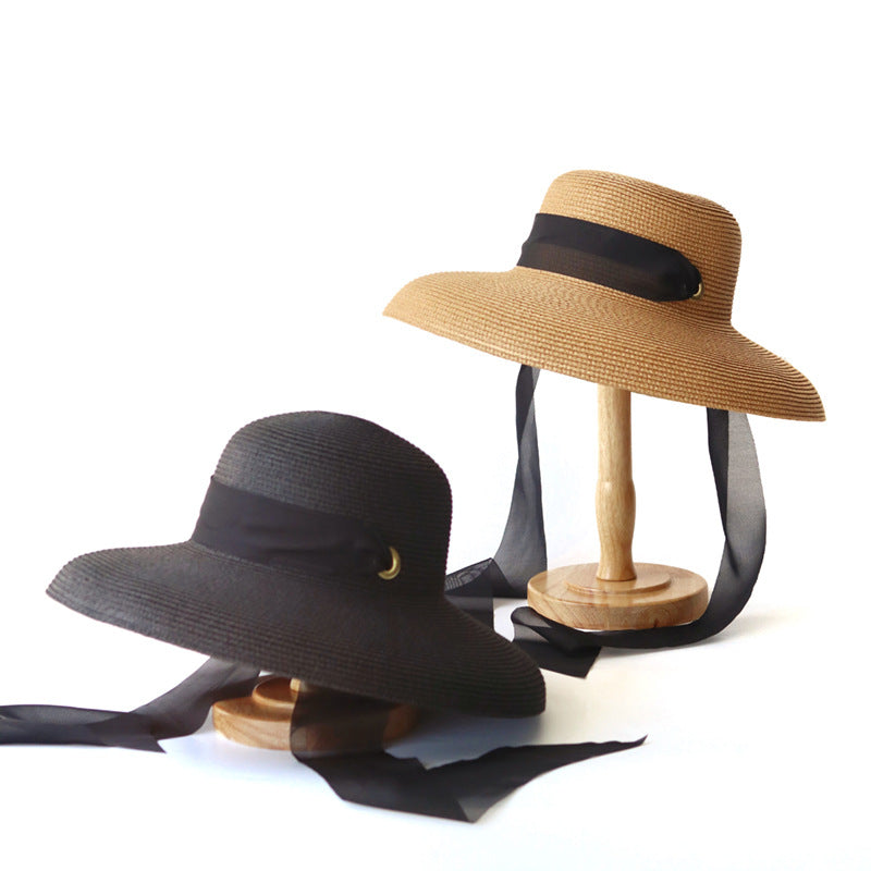 Women's French Style Foldable Wide Brim Straw Sun Hat for Beach & Travel