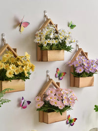 Artificial Flower Wall Decor with Wooden House Ornament for Living Room Bedroom