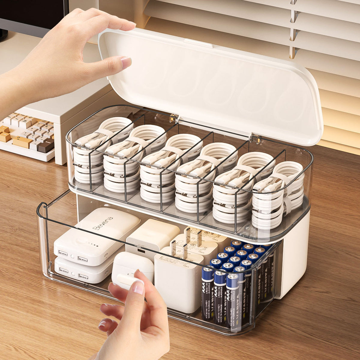 Large Capacity Data Cable Storage Box with Compartments for Charging Cables and Plugs, Desktop Organizer and Hub