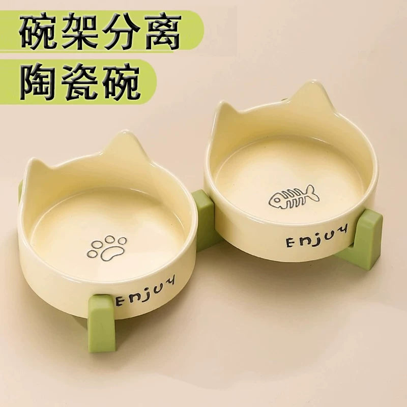 Ceramic Cat Bowl with Wooden Stand, Elevated Pet Food and Water Dish for Cats and Small Dogs, Tilted Anti-Vomit Design