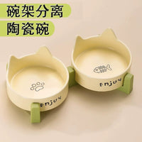 Ceramic Cat Bowl with Wooden Stand, Elevated Pet Food and Water Dish for Cats and Small Dogs, Tilted Anti-Vomit Design