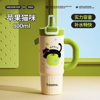 Cartoon Straw Insulated Tumbler with Handle - 316 Stainless Steel Large Capacity Water Bottle