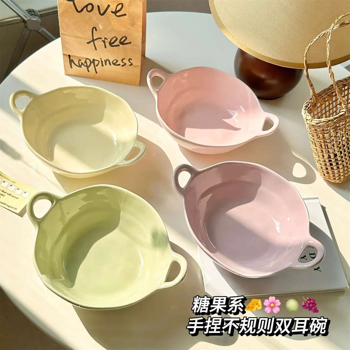 Irregular Ceramic Bowl with Double Handles for Salad, Dessert, Yogurt, and Noodles