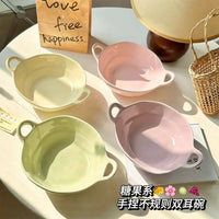 Irregular Ceramic Bowl with Double Handles for Salad, Dessert, Yogurt, and Noodles