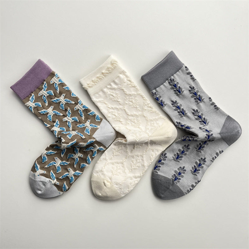 Vintage Bird & Oak Leaf Embossed Mid-Calf Cotton Socks for Women