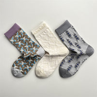 Vintage Bird & Oak Leaf Embossed Mid-Calf Cotton Socks for Women