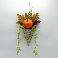 Harvest Festival Pumpkin Wall Hanging Basket with Artificial Flowers