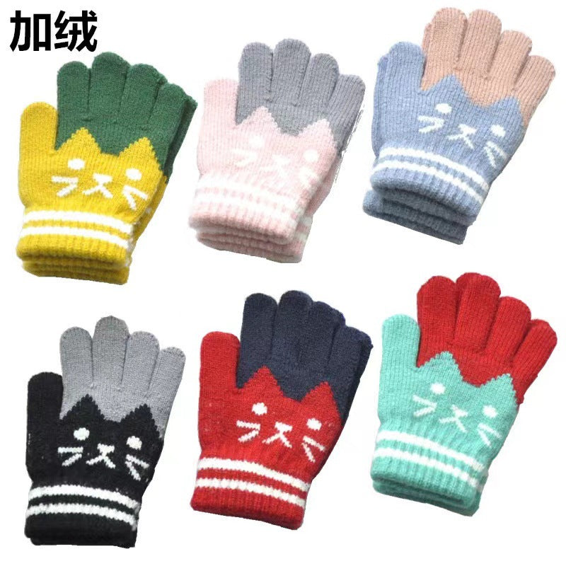 Kids Winter Warm Fleece Lined Gloves for Boys and Girls - Cartoon Cat Design