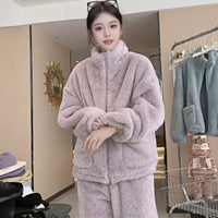Women's Coral Fleece Warm Pajama Set with Zipper, Mid-thickness Loungewear for Autumn/Winter, High Collar Couple Style