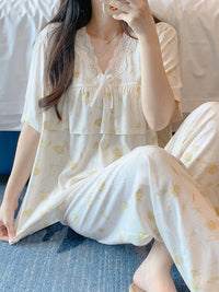 Women's Ruffled Short Sleeve Long Pants Pajama Set, Cotton Blend, Anti-Chafe, Summer Homewear
