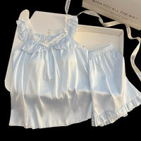 Women's Ice Silk Pajama Set with Built-in Bra Pads, Short Sleeve Lace Trim Homewear