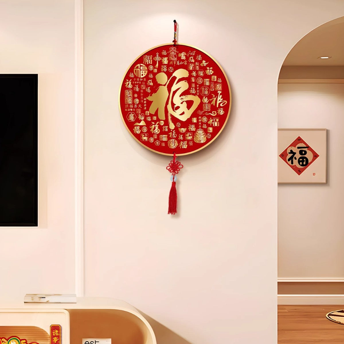 Chinese Blessing Character Wall Hanging Decor with Tassel for Living Room TV Background