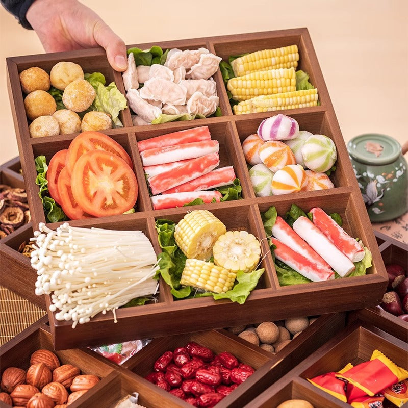 Walnut Wood Divided Serving Tray for Hot Pot Dishes, Snacks, Dried Fruits, and Tea Desserts