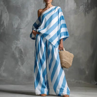 Women's Striped Print Long Sleeve Top and Wide Leg Pants Two-Piece Set