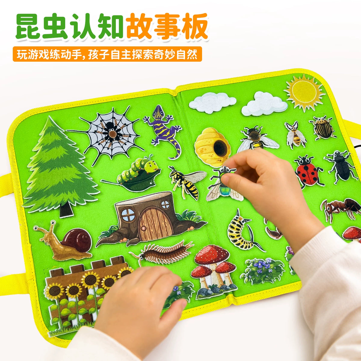 Toddler Travel Felt Busy Board for Insect Recognition, Educational Activity Toy for 3-6 Year Olds