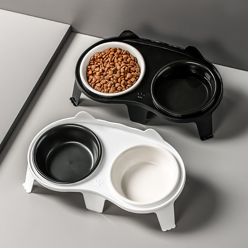 Ceramic Elevated Cat Food and Water Bowl Set with Stand, Tilted Design for Neck Protection, Non-Slip Double Bowls