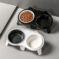 Ceramic Elevated Cat Food and Water Bowl Set with Stand, Tilted Design for Neck Protection, Non-Slip Double Bowls