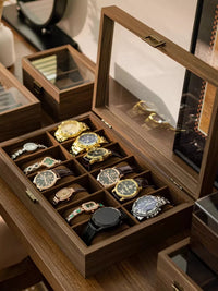 Premium Walnut Wood Grain Watch Storage Box with Clear Lid, Multi-Slot Organizer