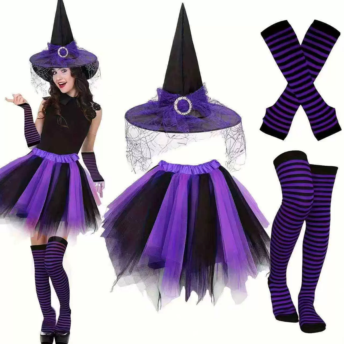 Adult Witch Costume Set with Hat, Dress, Stockings, and Sleeves for Halloween Cosplay