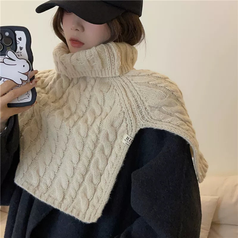 Korean Style Knitted Pullover Shawl for Women, High Collar Neck Warmer Scarf, Thickened Warm Wrap for Autumn Winter