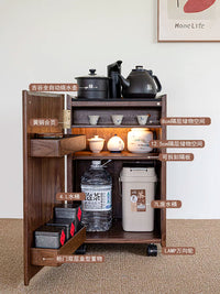 Solid Wood Mobile Tea Cart with Storage, New Chinese Style Side Table for Small Spaces, Walnut Finish
