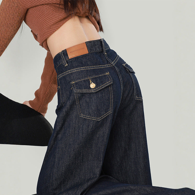 Women's American Style Dark Blue Wide Leg Jeans Loose Fit Straight Trousers