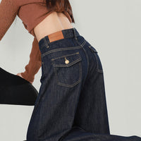 Women's American Style Dark Blue Wide Leg Jeans Loose Fit Straight Trousers