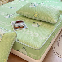 Summer Ice Silk Cooling Mat Fitted Sheet Style Bed Cover Set Machine Washable