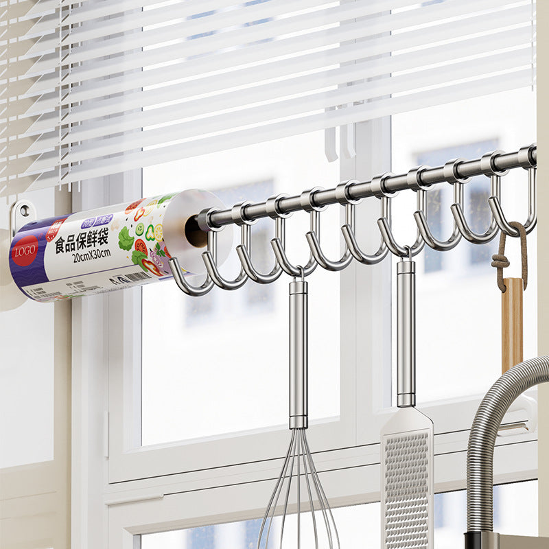 304 Stainless Steel Kitchen Utensil Hanging Rack with Movable Hooks, No-Drill Wall Mount for Spatulas and Spoons
