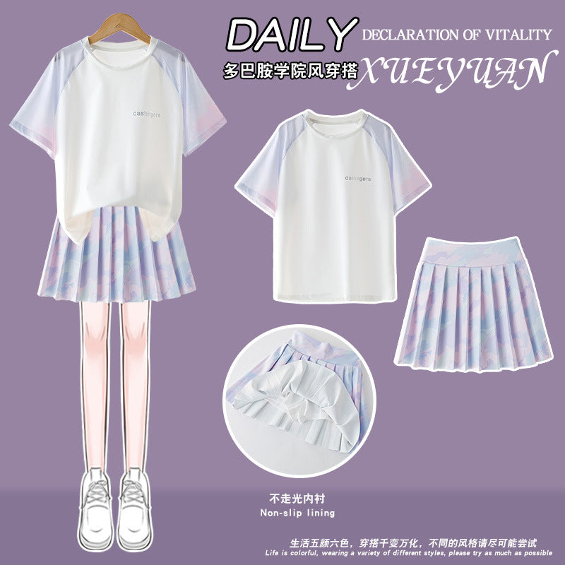 Girls' Quick-Dry Tennis Dress Set with Short Sleeve Top and Skirt for Summer Training