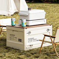 Outdoor Foldable Storage Box with Wheels and Wooden Lid for Camping Car Trunk Picnic