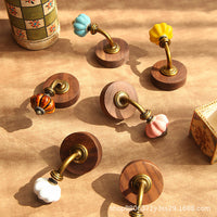 Vintage Ceramic Pumpkin & Beech Wood Wall Hooks for Entryway & Home Decor, Drill-Free Adhesive or Punch Installation