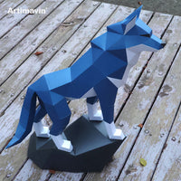 DIY 3D Paper Wolf Model Kit with Rock Base, Handmade Origami Animal Craft for Home Decor